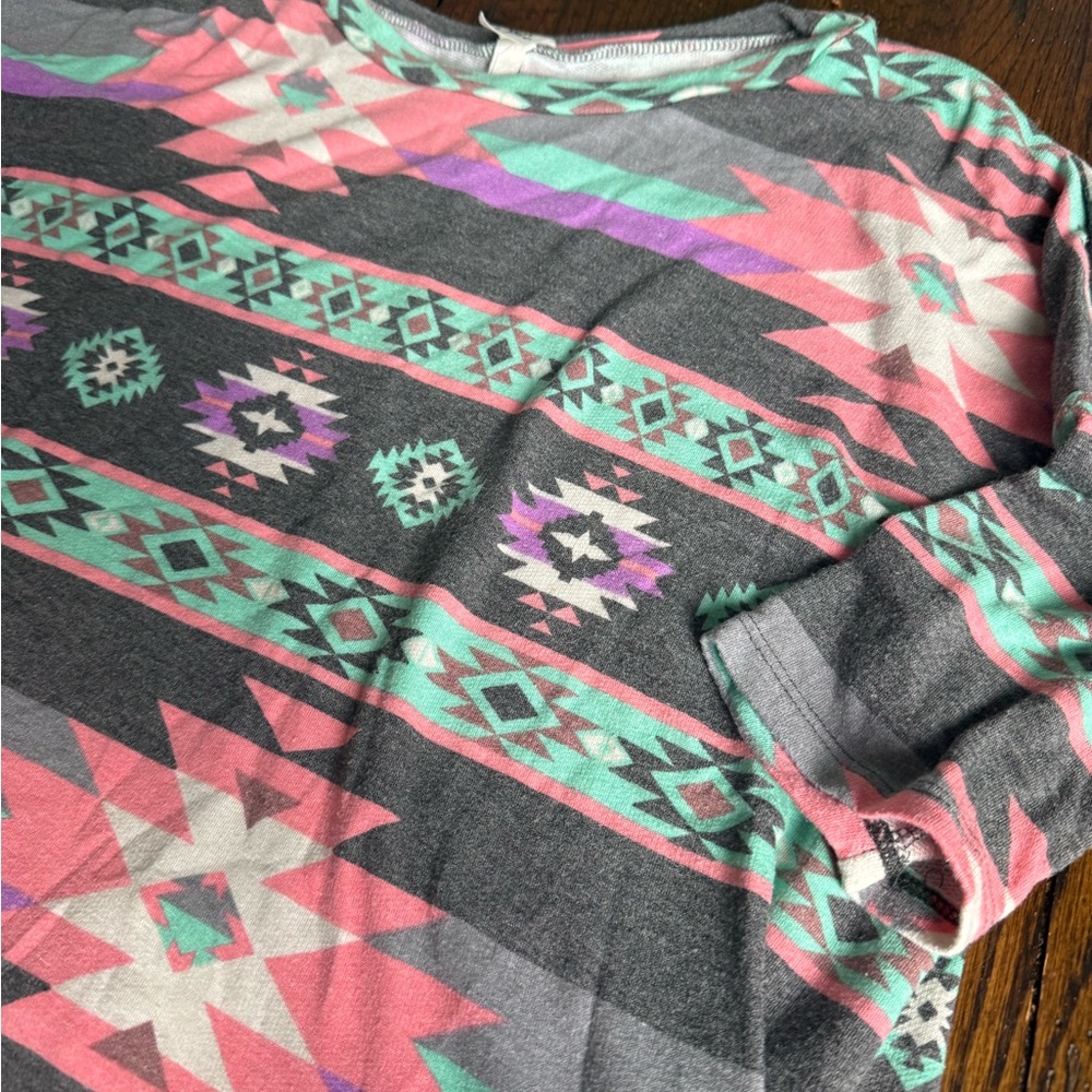 Sew Love Gray Aztec Stripe Top with Mint & Coral Accents L